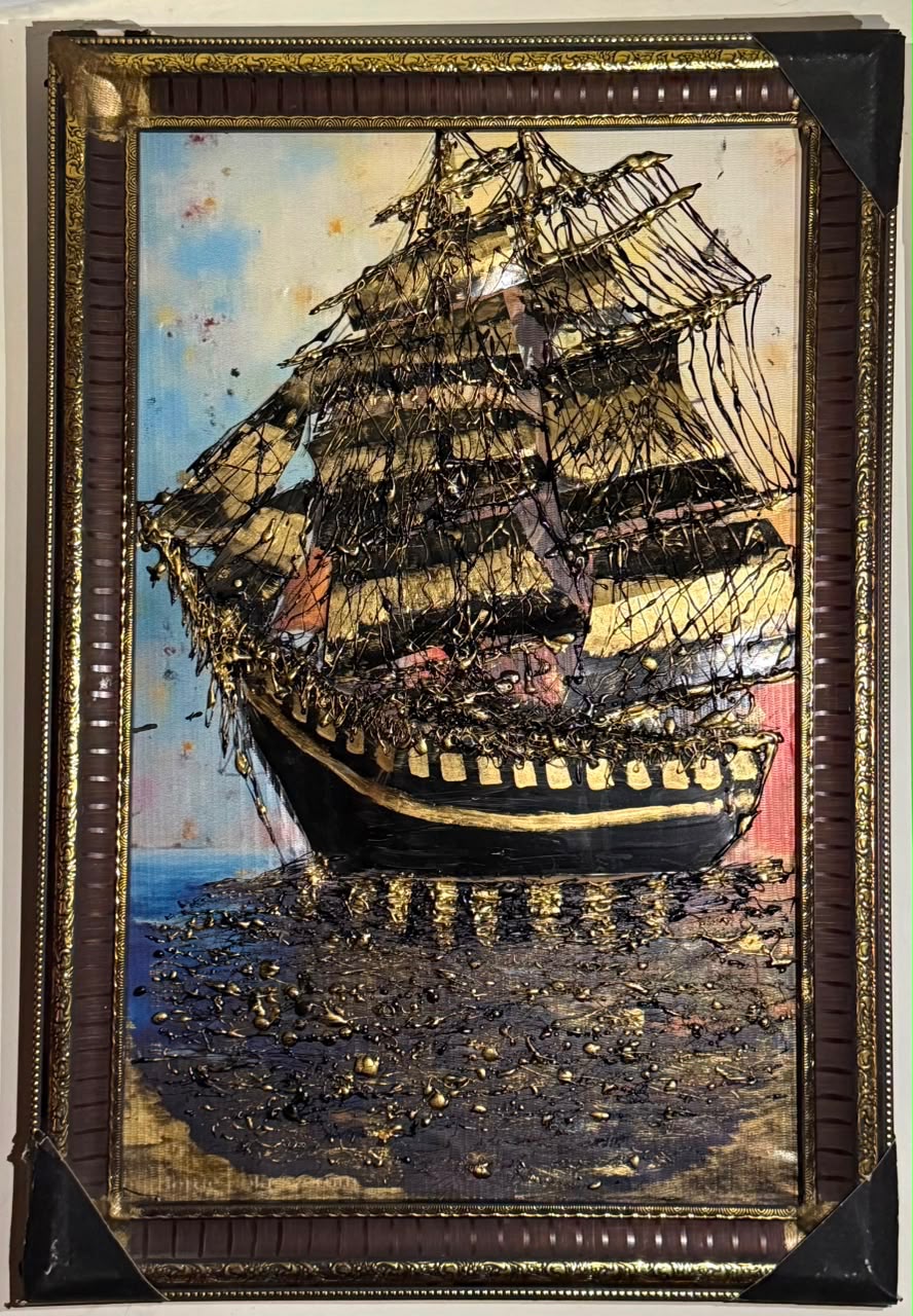 Golden Ocean Ship Painting ( Hand Made )